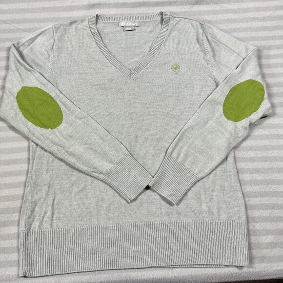 Ariat Sweater Womens XL Gray V Neck Elbow Patches Embroidered Logo Pullover - Picture 1 of 8